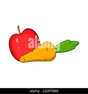 Apfel- und Karotten-Symbol im Cartoon-Stil isoliert auf weißem Hintergrund. Lebensmittelsymbol Stockfoto