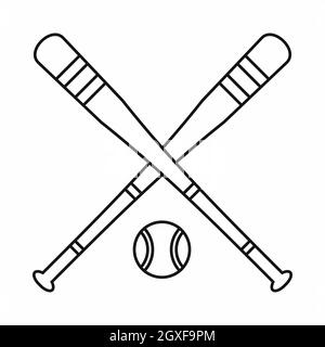 Baseballschläger und Ball-Symbol in Umriss-Stil isoliert auf weißem Hintergrund Stockfoto