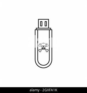 Symbol des infizierten USB-Flash-Laufwerks im Umrissstil auf weißem Hintergrund isoliert Stockfoto