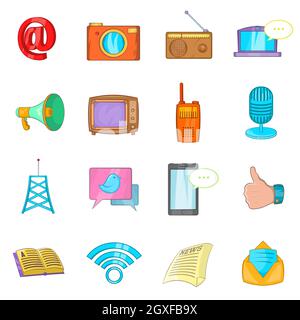Kommunikationssymbole im Cartoon-Stil auf weißem Hintergrund isoliert Stockfoto