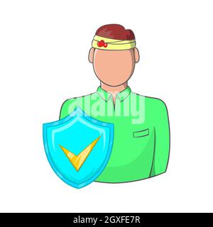 Mann mit einer Wunde auf dem Kopf, Unfallversicherungs-Ikone im Cartoon-Stil auf weißem Hintergrund Stockfoto