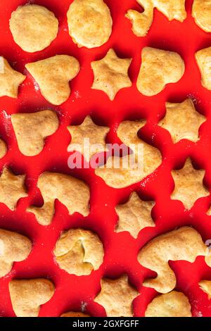 Flach oben über dem Blick auf süß lecker leckeren Quark Ingwerkekse gebacken im heißen Ofen auf rot hell Silikon Backmatte in der Küche zu Hause Stockfoto