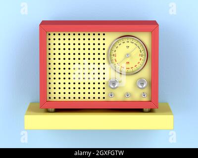 Farbenfrohes Retro-Radio im Regal, Vorderansicht Stockfoto