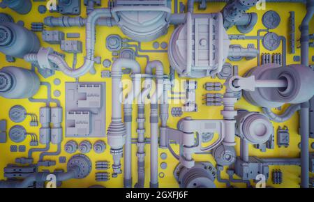 sci-Fi abstrakter geometrischer Hintergrund von Rohren und Kabeln sowie industriellen Elementen. 3d-Rendering Stockfoto
