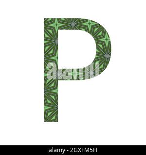 Buchstabe P des Alphabets mit einem Muster aus grünen Sternen, isoliert auf weißem Hintergrund Stockfoto