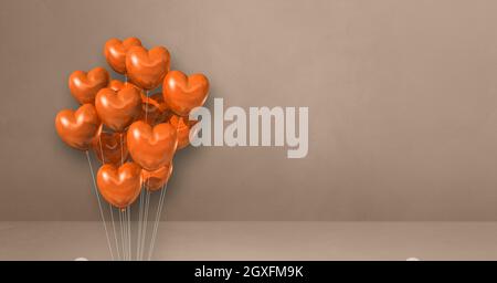 Orange Herz Form Ballons Haufen auf einem beigen Wand Hintergrund. Horizontales Banner. Rendering von 3D-Illustrationen Stockfoto