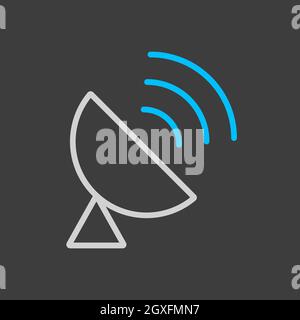 Sputnik-Antennenvektor-Symbol auf dunklem Hintergrund. Navigationsschild. Graph-Symbol für Reise- und Tourismus-Website und Apps Design, Logo, App, UI Stockfoto