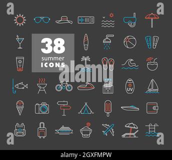 Sommer-Vektorsymbole auf dunklem Hintergrund eingestellt. Sommerzeitzeichen. Graph-Symbol für Reise- und Tourismus-Website und Apps Design, Logo, App, UI Stockfoto