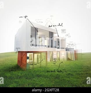 Projekt eines Hauses auf einem Rasen 3d-Rendering Stockfoto