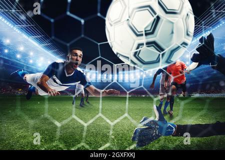 Fußballstürmer trifft den Ball mit dem Kopf gegen das Netz. 3D-Rendering Stockfoto