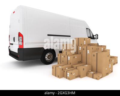 Stapel von verpackten Boxen auf van laden. 3D-Rendering Stockfoto