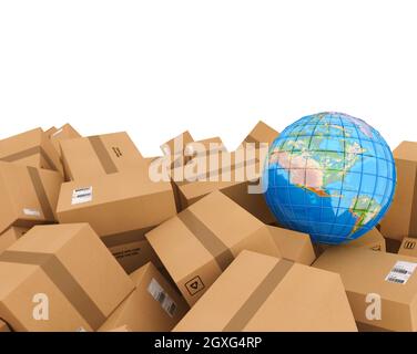 Geschlossene Kartons und mit Klebstoff verpackt. Erdglobenkarte auf Kartons. Konzept der Internal Shipment und Globalisierung. 3D-Rendering Stockfoto