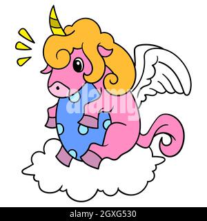 Das Einhorn brütet sein Ei und sitzt auf der Wolke Stock Vektor