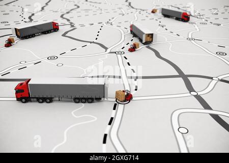 Laden von Paletten von Kisten auf einen LKW auf eine Straßenkarte. Konzept der globalen Sendungsverfolgung und GPS-Verfolgung. 3D-Rendering Stockfoto