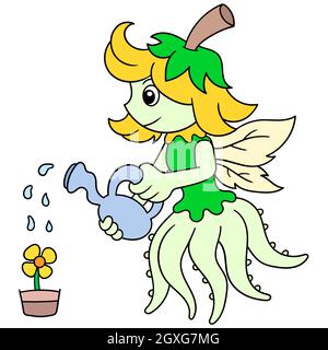 Schöne geflügelte Fee kümmert sich um die Bewässerung Sonnenblumen in Töpfen Stock Vektor