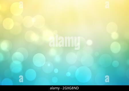 Abstrakter Verlauf von hellblau gelb Pastell Hintergrund Textur mit leuchtenden kreisförmigen Bokeh Lichter. Schöne bunte Frühling oder Sommer Kulisse. Stockfoto