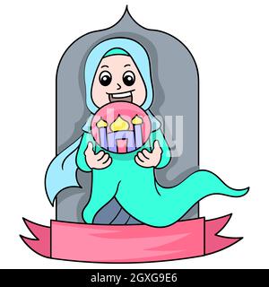 Schönes Mädchen trägt eine muslimische Hijab beten eid al fitr Banner Vorlage Stock Vektor