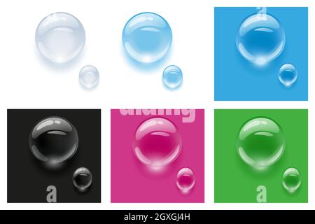 Realistische transparente Wassertropfen auf bunten Hintergründen. Vektorgrafik. Fällt Wasserregen Stock Vektor