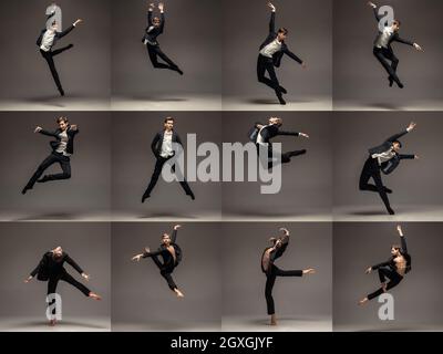 Tanz gemischter Emotionen. Erstaunliche Leistung eines männlichen Balletttänzers in Business-Anzug üben isoliert auf grauem Hintergrund. Stockfoto