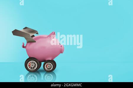Sparschwein mit Rad wie ein Auto Stockfoto