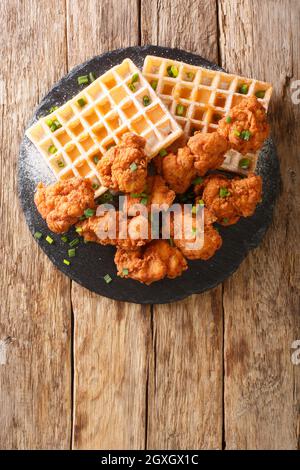 Gebratenes paniertes Hühnerfleisch und belgische Waffeln mit cremiger Honigsauce aus der Nähe auf einem Schieferbrett auf dem Tisch. Vertikale Draufsicht von oben Stockfoto