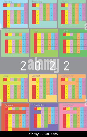 2022 Kalender Planer Organizer bunt HELL PASTELL Kalender Planer Organizer großen bearbeitbaren Raum Farbe Wochentag und Monat AUF GRAU Stock Vektor