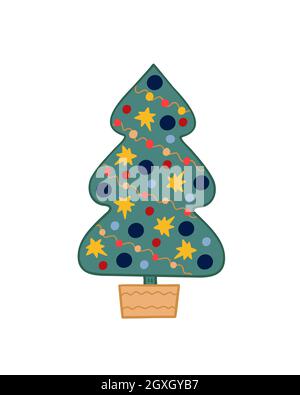 Dekorierter Weihnachtsbaum einfache Hand gezeichnete Doodle Vektor Cartoon Illustration für Winterzeit frohe Feiertage Feier Dekor, Grußkarte, Einladung, Poster Stock Vektor
