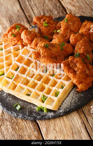 Amerikanisches Essen paniertes Huhn und belgische Waffeln aus der Nähe auf dem Schieferteller auf dem Tisch. Vertikal Stockfoto