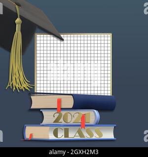 Graduierung 2021 Kappe mit Quaste. Klasse von 2021 Jahren auf quadratischen Graphen Rasterpapier, Stapel von Büchern Bildungskonzept, isoliert. Platz für Text, Platz zum Kopieren Stockfoto