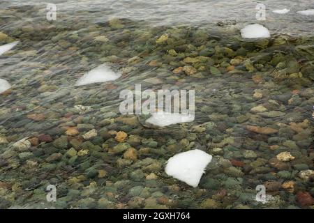 Kristallklares Wasser auf dem See Teletskoye, durch die Sie die Steine auf dem Boden liegen sehen können.Russland, Region Altai. Stockfoto