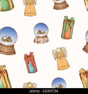Weihnachten Hand Gezeichnet Vektor Nahtloses Hintergrundmuster. Engel, Geschenkschachteln mit Band und Schneeball Skizzen Karte oder Cover-Vorlage. Urlaub Stock Vektor