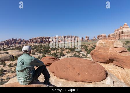 Wanderer, die die Aussicht genießen, der gemeinsame Weg, Needles District, Canyonlands National Park, Utah, USA Stockfoto