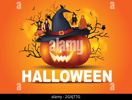 Kinder gehen auf Halloween Trick or Treat. Halloween Kostüme mit Süßigkeiten Taschen. Kinderkostüm. vektor-Illustration Design Stock Vektor