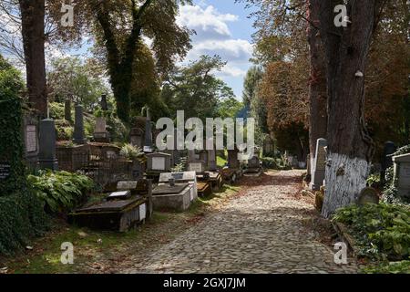 Sighisoara, Rumänien - 19. September 2021: Bilder mit dem alten Friedhof in Sighisoara, einige Grabsteine aus dem 13. Jahrhundert Stockfoto
