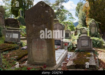 Sighisoara, Rumänien - 19. September 2021: Bilder mit dem alten Friedhof in Sighisoara, einige Grabsteine aus dem 13. Jahrhundert Stockfoto