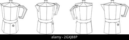 Vektor Umriss Illustration von Moka-Kaffeekocher verschiedenen perspektivischen Ansichten Stock Vektor