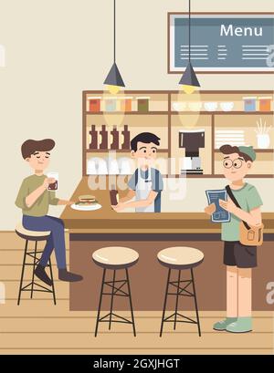 Die Leute an der Bar im Cafe trinken und essen. Der Kellner serviert gerne Getränke an der Bar. Café-Bar mit Menschen flach farbigen Vektor-Illustration Stock Vektor