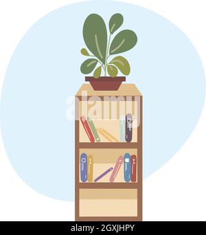 Moderne flache farbige Vektor-Illustration von Bücherregal mit Büchern und Pflanzen darauf. Heim Dekor Dekoration Lagerung Bücherregal. Stock Vektor