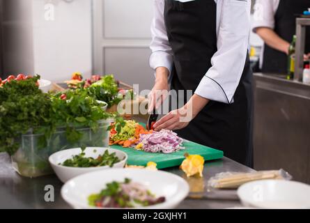Professionelles team Köchinnen und Köche Vorbereiten der Mahlzeiten an belebten Hotel oder Restaurant Küche Stockfoto