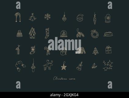 Weihnachts-Ikonen zeichnen in Hand Skizze Stil auf dunklem Hintergrund Stock Vektor