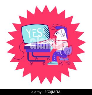 Konzept des Erfolgs. Geschäftsmann am PC, Programmierer bei der Arbeit, Cartoon-Stil Illustration Stock Vektor