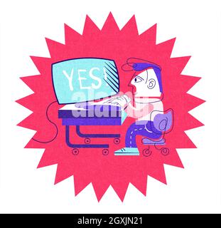 Konzept des Erfolgs. Geschäftsmann am PC, Programmierer bei der Arbeit, Cartoon-Stil Illustration Stockfoto