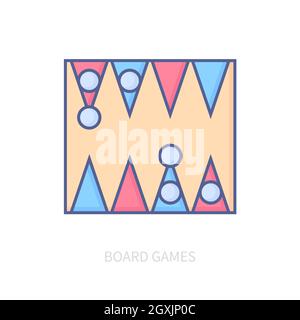 Brettspiele - modernes Liniendesign-Symbol auf weißem Hintergrund. Ordentliches detailliertes Bild des klassischen Boards für Backgammon. Hobby, angenehmer Abend, Paar en Stock Vektor