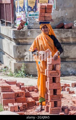 DELHI, INDIEN - 22. OKTOBER 2016: Arbeiterin, die eine Last von Ziegelsteinen auf ihrem Kopf trägt, im Zentrum von Delhi, Indien. Stockfoto