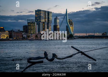 Die Skyline von Rotterdam, mit der Erasmus-Brücke über die Nieuwe Maas, Wolkenkratzern im Stadtteil Kop van Zuid, Kunstwerk Maasbeeld, auch Clo genannt Stockfoto
