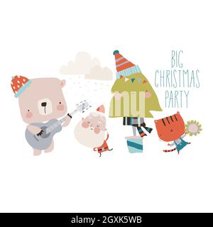 Niedliche Cartoon Weihnachtsmann feiert Winterurlaub mit lustigen Tieren Stock Vektor