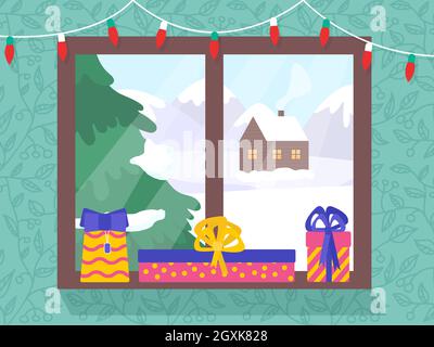 Winterlandschaft durch Fenster mit Weihnachtslichtern und Geschenken. Festliche Postkarte für das neue Jahr Stock Vektor