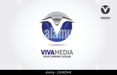 Blaue Viva Media Logo-Illustration. Dies ist eine ausgezeichnete Logo-Vorlage, die für Ihr Unternehmen geeignet ist, um den Kommunikationsprozess zu verbessern. Stock Vektor