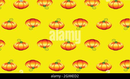 Herbstmuster mit Kürbissen auf gelbem Hintergrund für einen glücklichen Tag an Halloween. Vektorgrafik Stock Vektor