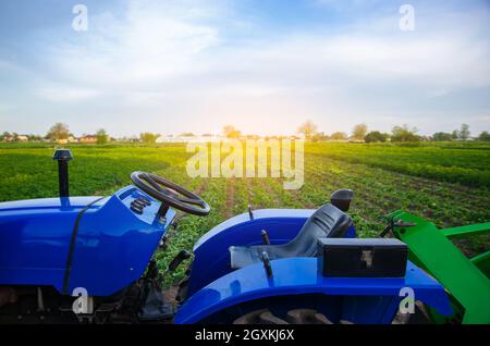 Blauer Traktor auf dem Feld. Landwirtschaftliche Maschinen und Technologien. Landwirtschaft und Gemüseanbau. Modernisierung. Subventionen und Steuererstattungen für Einkäufe Stockfoto
